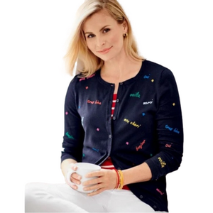 NWOT Y2K FRENCH EMBROIDERED PHRASE NAVY COTTON BLEND CARDIGAN BY TALBOTS WHIMSY